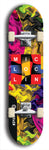 Limited edition, North American maple skateboard deck designed by underground artist BellyRash - available widths 7.5 to 8.5 inches in both mellow concave and steep concave shapes. Artwork: MIC LOC LIN brand popsicle-shaped with large MIC LOC LIN logo with a multi-colored patterned background