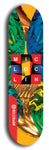 Limited edition, North American maple skateboard deck designed by underground artist BellyRash - available widths 7.5 to 8.5 inches in both mellow concave and steep concave shapes. Artwork: MIC LOC LIN brand popsicle-shaped with large MIC LOC LIN logo with a multi-colored patterned background