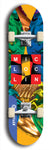 Limited edition, North American maple skateboard deck designed by underground artist BellyRash - available widths 7.5 to 8.5 inches in both mellow concave and steep concave shapes. Artwork: MIC LOC LIN brand popsicle-shaped with large MIC LOC LIN logo with a multi-colored patterned background