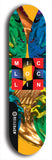 Limited edition, North American maple skateboard deck designed by underground artist BellyRash - available widths 7.5 to 8.5 inches in both mellow concave and steep concave shapes. Artwork: MIC LOC LIN brand popsicle-shaped with large MIC LOC LIN logo with a multi-colored patterned background