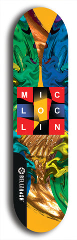 Limited edition, North American maple skateboard deck designed by underground artist BellyRash - available widths 7.5 to 8.5 inches in both mellow concave and steep concave shapes. Artwork: MIC LOC LIN brand popsicle-shaped with large MIC LOC LIN logo with a multi-colored patterned background