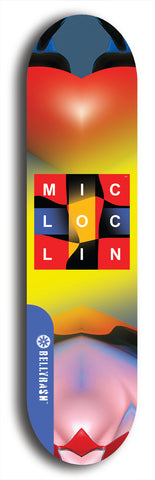 Limited edition, North American maple skateboard deck designed by underground artist BellyRash - available widths 7.5 to 8.5 inches in both mellow concave and steep concave shapes. Artwork: MIC LOC LIN brand popsicle-shaped with large MIC LOC LIN logo with a multi-colored patterned background