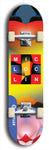 Limited edition, North American maple skateboard deck designed by underground artist BellyRash - available widths 7.5 to 8.5 inches in both mellow concave and steep concave shapes. Artwork: MIC LOC LIN brand popsicle-shaped with large MIC LOC LIN logo with a multi-colored patterned background