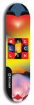 Limited edition, North American maple skateboard deck designed by underground artist BellyRash - available widths 7.5 to 8.5 inches in both mellow concave and steep concave shapes. Artwork: MIC LOC LIN brand popsicle-shaped with large MIC LOC LIN logo with a multi-colored patterned background