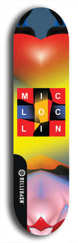 Limited edition, North American maple skateboard deck designed by underground artist BellyRash - available widths 7.5 to 8.5 inches in both mellow concave and steep concave shapes. Artwork: MIC LOC LIN brand popsicle-shaped with large MIC LOC LIN logo with a multi-colored patterned background