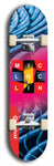 Limited edition, North American maple skateboard deck designed by underground artist BellyRash - available widths 7.5 to 8.5 inches in both mellow concave and steep concave shapes. Artwork: MIC LOC LIN brand popsicle-shaped with large MIC LOC LIN logo with a multi-colored patterned background