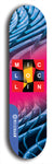 Limited edition, North American maple skateboard deck designed by underground artist BellyRash - available widths 7.5 to 8.5 inches in both mellow concave and steep concave shapes. Artwork: MIC LOC LIN brand popsicle-shaped with large MIC LOC LIN logo with a multi-colored patterned background