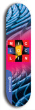 Limited edition, North American maple skateboard deck designed by underground artist BellyRash - available widths 7.5 to 8.5 inches in both mellow concave and steep concave shapes. Artwork: MIC LOC LIN brand popsicle-shaped with large MIC LOC LIN logo with a multi-colored patterned background