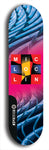 Limited edition, North American maple skateboard deck designed by underground artist BellyRash - available widths 7.5 to 8.5 inches in both mellow concave and steep concave shapes. Artwork: MIC LOC LIN brand popsicle-shaped with large MIC LOC LIN logo with a multi-colored patterned background