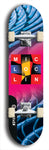 Limited edition, North American maple skateboard deck designed by underground artist BellyRash - available widths 7.5 to 8.5 inches in both mellow concave and steep concave shapes. Artwork: MIC LOC LIN brand popsicle-shaped with large MIC LOC LIN logo with a multi-colored patterned background