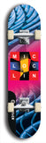 Limited edition, North American maple skateboard deck designed by underground artist BellyRash - available widths 7.5 to 8.5 inches in both mellow concave and steep concave shapes. Artwork: MIC LOC LIN brand popsicle-shaped with large MIC LOC LIN logo with a multi-colored patterned background