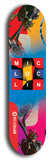 Limited edition, North American maple skateboard deck designed by underground artist BellyRash - available widths 7.5 to 8.5 inches in both mellow concave and steep concave shapes. Artwork: MIC LOC LIN brand popsicle-shaped with large MIC LOC LIN logo with a multi-colored patterned background