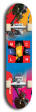 Limited edition, North American maple skateboard deck designed by underground artist BellyRash - available widths 7.5 to 8.5 inches in both mellow concave and steep concave shapes. Artwork: MIC LOC LIN brand popsicle-shaped with large MIC LOC LIN logo with a multi-colored patterned background