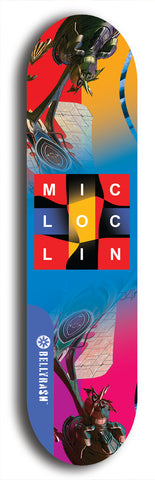 Limited edition, North American maple skateboard deck designed by underground artist BellyRash - available widths 7.5 to 8.5 inches in both mellow concave and steep concave shapes. Artwork: MIC LOC LIN brand popsicle-shaped with large MIC LOC LIN logo with a multi-colored patterned background