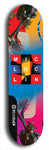 Limited edition, North American maple skateboard deck designed by underground artist BellyRash - available widths 7.5 to 8.5 inches in both mellow concave and steep concave shapes. Artwork: MIC LOC LIN brand popsicle-shaped with large MIC LOC LIN logo with a multi-colored patterned background