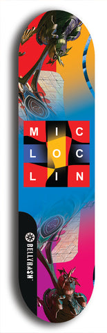 Limited edition, North American maple skateboard deck designed by underground artist BellyRash - available widths 7.5 to 8.5 inches in both mellow concave and steep concave shapes. Artwork: MIC LOC LIN brand popsicle-shaped with large MIC LOC LIN logo with a multi-colored patterned background