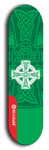 Skateboard deck: Limited edition, North American maple skateboard deck designed by underground artist BellyRash - available widths 7.5 to 8.5 inches in both mellow concave and steep concave shapes. Artwork: popsicle-shaped deck with green background and large Celtic symbol in the middle of the deck