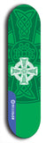 Skateboard deck: Limited edition, North American maple skateboard deck designed by underground artist BellyRash - available widths 7.5 to 8.5 inches in both mellow concave and steep concave shapes. Artwork: popsicle-shaped deck with green background and large Celtic symbol in the middle of the deck