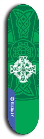 Skateboard deck: Limited edition, North American maple skateboard deck designed by underground artist BellyRash - available widths 7.5 to 8.5 inches in both mellow concave and steep concave shapes. Artwork: popsicle-shaped deck with green background and large Celtic symbol in the middle of the deck