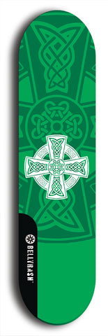 Skateboard deck: Limited edition, North American maple skateboard deck designed by underground artist BellyRash - available widths 7.5 to 8.5 inches in both mellow concave and steep concave shapes. Artwork: popsicle-shaped deck with green background and large Celtic symbol in the middle of the deck