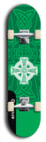 Skateboard deck: Limited edition, North American maple skateboard deck designed by underground artist BellyRash - available widths 7.5 to 8.5 inches in both mellow concave and steep concave shapes. Artwork: popsicle-shaped deck with green background and large Celtic symbol in the middle of the deck