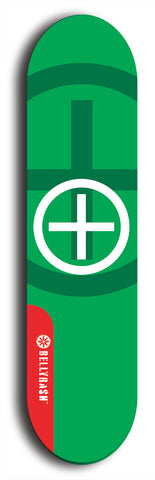 Skateboard deck: Limited edition, North American maple skateboard deck designed by underground artist BellyRash - available widths 7.5 to 8.5 inches in both mellow concave and steep concave shapes. Artwork: popsicle-shaped deck with green background and large Celtic symbol in the middle of the deck