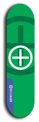 Skateboard deck: Limited edition, North American maple skateboard deck designed by underground artist BellyRash - available widths 7.5 to 8.5 inches in both mellow concave and steep concave shapes. Artwork: popsicle-shaped deck with green background and large Celtic symbol in the middle of the deck