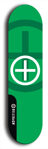 Skateboard deck: Limited edition, North American maple skateboard deck designed by underground artist BellyRash - available widths 7.5 to 8.5 inches in both mellow concave and steep concave shapes. Artwork: popsicle-shaped deck with green background and large Celtic symbol in the middle of the deck