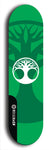 Skateboard deck: Limited edition, North American maple skateboard deck designed by underground artist BellyRash - available widths 7.5 to 8.5 inches in both mellow concave and steep concave shapes. Artwork: popsicle-shaped deck with green background and large Celtic symbol in the middle of the deck