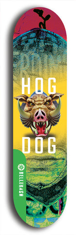 North American maple skateboard deck designed by underground artist BellyRash -- available in widths between 7.5 to 8.5 inches in both mellow concave and steep concave shapes from the BellyRash Limited Edition Blitz Deck series: Hog Dog