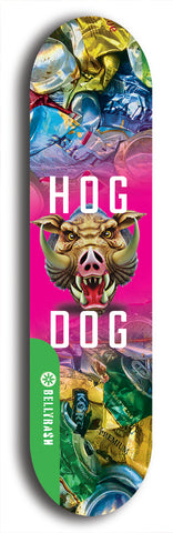 North American maple skateboard deck designed by underground artist BellyRash -- available in widths between 7.5 to 8.5 inches in both mellow concave and steep concave shapes from the BellyRash Limited Edition Blitz Deck series: Hog Dog