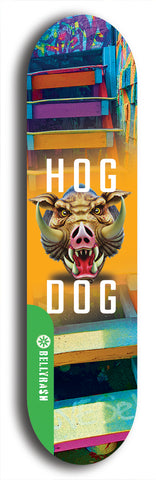 North American maple skateboard deck designed by underground artist BellyRash -- available in widths between 7.5 to 8.5 inches in both mellow concave and steep concave shapes from the BellyRash Limited Edition Blitz Deck series: Hog Dog
