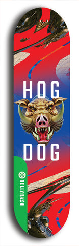North American maple skateboard deck designed by underground artist BellyRash -- available in widths between 7.5 to 8.5 inches in both mellow concave and steep concave shapes from the BellyRash Limited Edition Blitz Deck series: Hog Dog