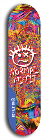 North American maple skateboard deck designed by underground artist BellyRash -- available in widths between 7.5 to 8.5 inches in both mellow concave and steep concave shapes. Artwork: Normal Misfit logo on a scribble field