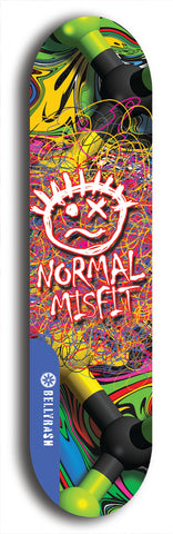 North American maple skateboard deck designed by underground artist BellyRash -- available in widths between 7.5 to 8.5 inches in both mellow concave and steep concave shapes. Artwork: Normal Misfit logo on a scribble field