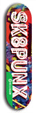 North American maple skateboard deck designed by underground artist BellyRash -- available in widths between 7.5 to 8.5 inches in both mellow concave and steep concave shapes from the BellyRash Limited Edition Blitz Deck series: Sk8Punx