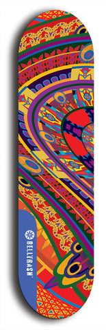 Skateboard deck: Limited edition, North American maple skateboard deck designed by underground artist BellyRash - available widths 7.5 to 8.5 inches in both mellow concave and steep concave shapes. Artwork: TWISTED DHARMA brand popsicle-shaped deck