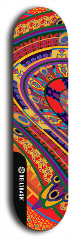 Skateboard deck: Limited edition, North American maple skateboard deck designed by underground artist BellyRash - available widths 7.5 to 8.5 inches in both mellow concave and steep concave shapes. Artwork: TWISTED DHARMA brand popsicle-shaped deck