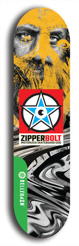 North American maple skateboard deck designed by underground artist BellyRash -- available in widths between 7.5 to 8.5 inches in both mellow concave and steep concave shapes from the BellyRash Limited Edition Blitz Deck series: Zipperbolt
