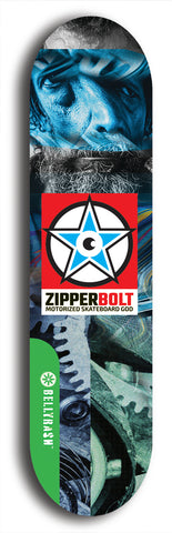 North American maple skateboard deck designed by underground artist BellyRash -- available in widths between 7.5 to 8.5 inches in both mellow concave and steep concave shapes from the BellyRash Limited Edition Blitz Deck series: Zipperbolt