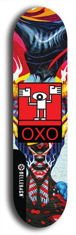 North American maple skateboard deck designed by underground artist BellyRash -- available in widths between 7.5 to 8.5 inches in both mellow concave and steep concave shapes. Artwork: street art and abstract with OXO skateboard logo