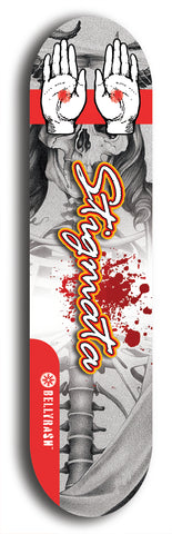 North American maple skateboard deck designed by underground artist BellyRash -- available in widths between 7.5 to 8.5 inches in both mellow concave and steep concave shapes, featuring the BellyRash Stigmata logo