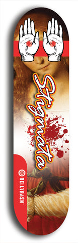 North American maple skateboard deck designed by underground artist BellyRash -- available in widths between 7.5 to 8.5 inches in both mellow concave and steep concave shapes, featuring the BellyRash Stigmata logo.