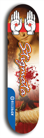 North American maple skateboard deck designed by underground artist BellyRash -- available in widths between 7.5 to 8.5 inches in both mellow concave and steep concave shapes, featuring the BellyRash Stigmata logo