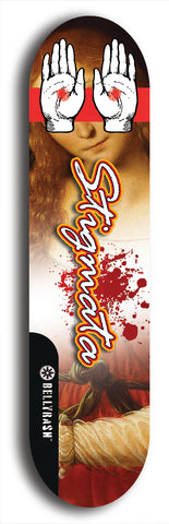 North American maple skateboard deck designed by underground artist BellyRash -- available in widths between 7.5 to 8.5 inches in both mellow concave and steep concave shapes, featuring the BellyRash Stigmata logo