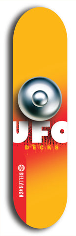 North American maple skateboard deck designed by underground artist BellyRash -- available in widths between 7.5 to 8.5 inches in both mellow concave and steep concave shapes. Artwork: UFO logo.