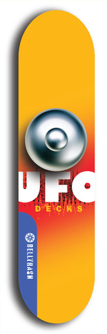 North American maple skateboard deck designed by underground artist BellyRash -- available in widths between 7.5 to 8.5 inches in both mellow concave and steep concave shapes. Artwork: UFO logo.