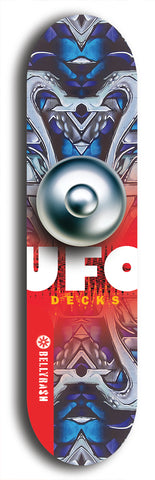 North American maple skateboard deck designed by underground artist BellyRash -- available in widths between 7.5 to 8.5 inches in both mellow concave and steep concave shapes. Artwork: UFO logo.