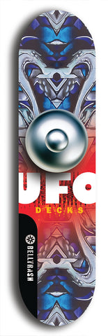 North American maple skateboard deck designed by underground artist BellyRash -- available in widths between 7.5 to 8.5 inches in both mellow concave and steep concave shapes. Artwork: UFO logo.