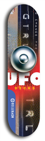 North American maple skateboard deck designed by underground artist BellyRash -- available in widths between 7.5 to 8.5 inches in both mellow concave and steep concave shapes. Artwork: UFO logo.